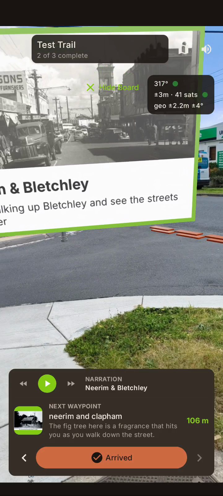 AR view on Android, close to a notice board showing an old street photograph and the words 'Neerim & Bletchley … walking up Bletchley and see the streets'.