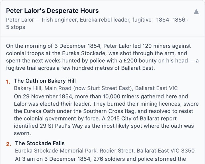 A trail the research found, waiting for review: Peter Lalor's Desperate Hours, five stops, with a summary and what happened at each stop.