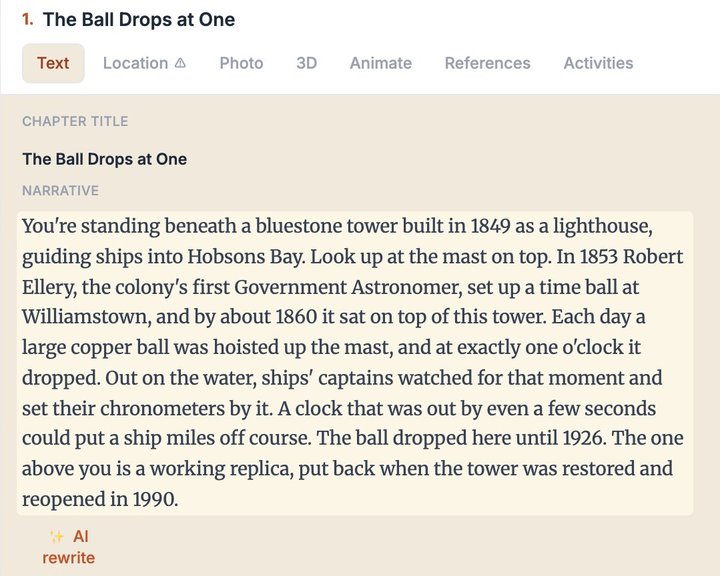 Editing a stop in Suburb Historian: the narrative for The Ball Drops at One, about the Williamstown time ball, with an AI rewrite button underneath.