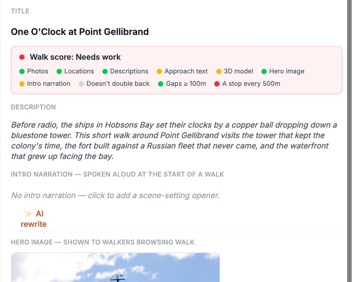 A trail overview in Suburb Historian with its Walk Score: green, amber and red dots for photos, locations, descriptions and the other checks.