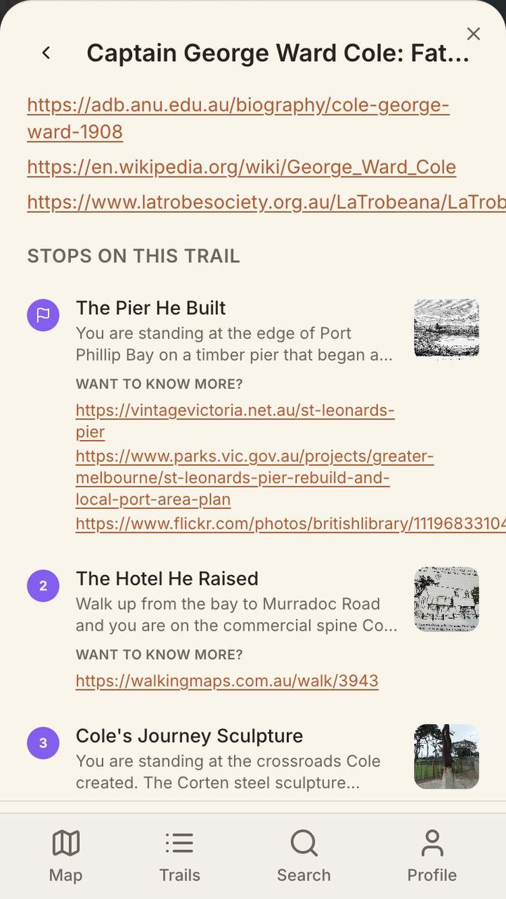 The stops on a trail in the Story Trail web app, each with a 'Want to know more?' list of linked sources under its story.
